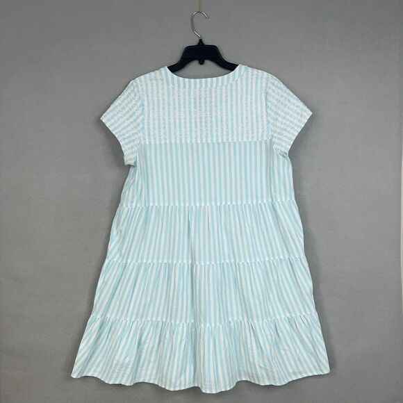 tyler boe Dress Womens Medium Blue White Striped Linen Tiered Coastal Preppy - Picture 7 of 13